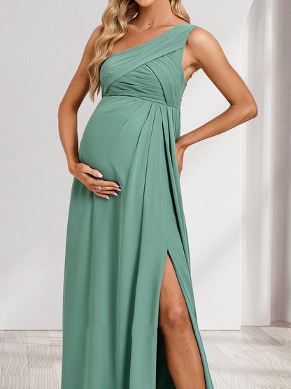 A-Line/Princess One-Shoulder Sleeveless Ruched Baby Shower Bridesmaid Dresses with Split Side