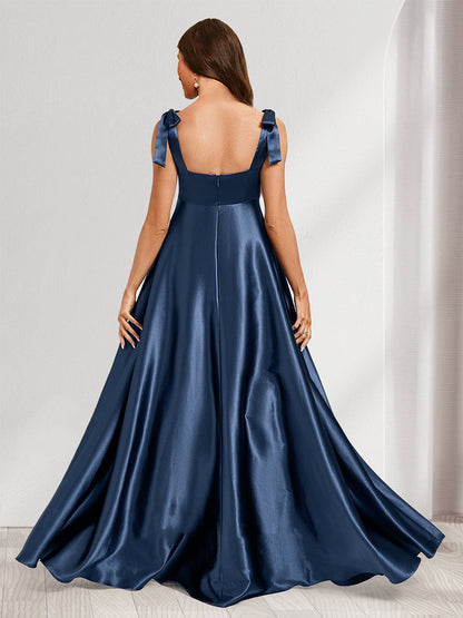 A-Line/Princess Square Neck Floor-Length Baby Shower Bridesmaid Dresses with Split Side & Pleats