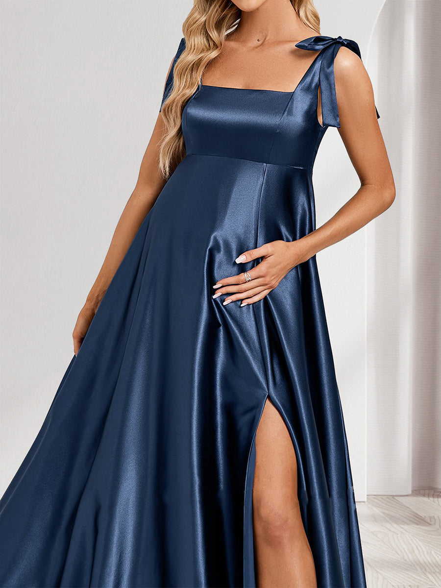 A-Line/Princess Square Neck Floor-Length Baby Shower Bridesmaid Dresses with Split Side & Pleats