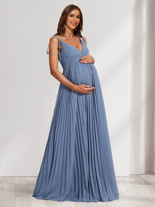 A-Line/Princess V-Neck Sleeveless Long Minimalist Baby Shower Bridesmaid Dresses with Pleats