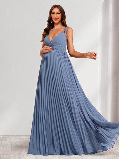 A-Line/Princess V-Neck Sleeveless Long Minimalist Baby Shower Bridesmaid Dresses with Pleats