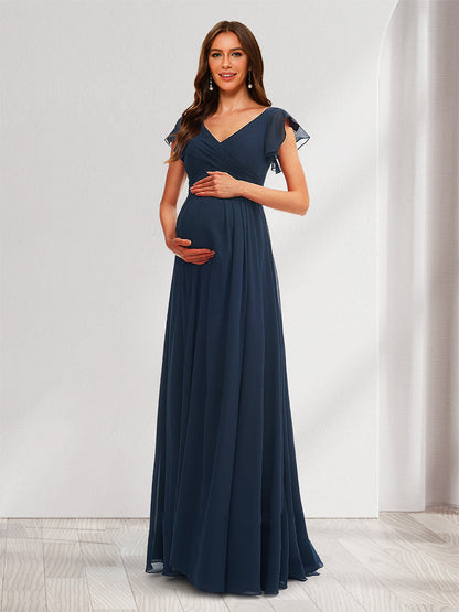 A-Line/Princess V-Neck Flutter Sleeves Ruched Baby Shower Bridesmaid Dresses with Ruffles