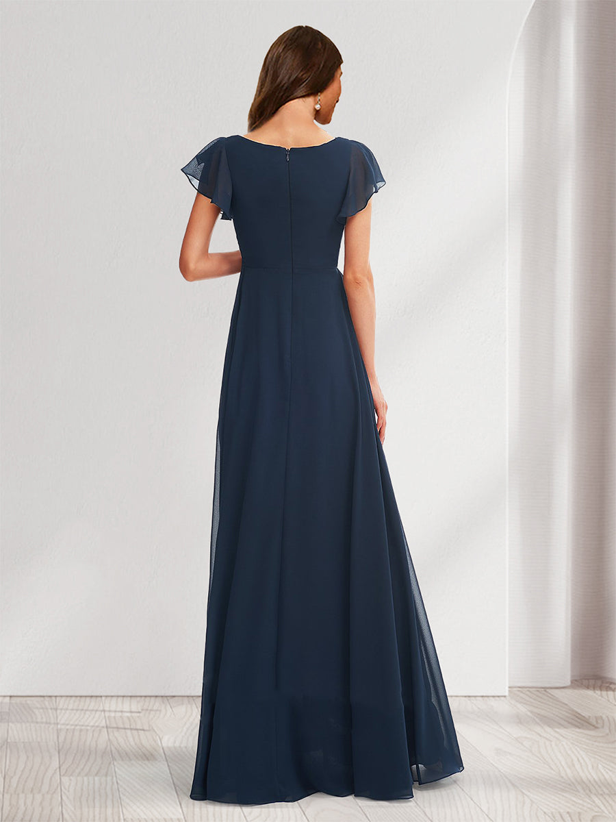 A-Line/Princess V-Neck Flutter Sleeves Ruched Baby Shower Bridesmaid Dresses with Ruffles