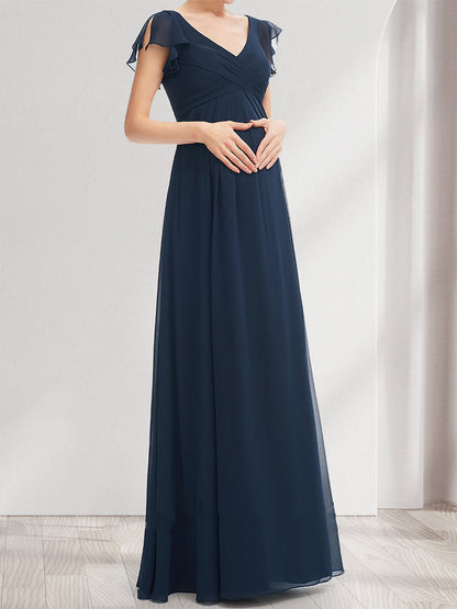 A-Line/Princess V-Neck Flutter Sleeves Ruched Baby Shower Bridesmaid Dresses with Ruffles
