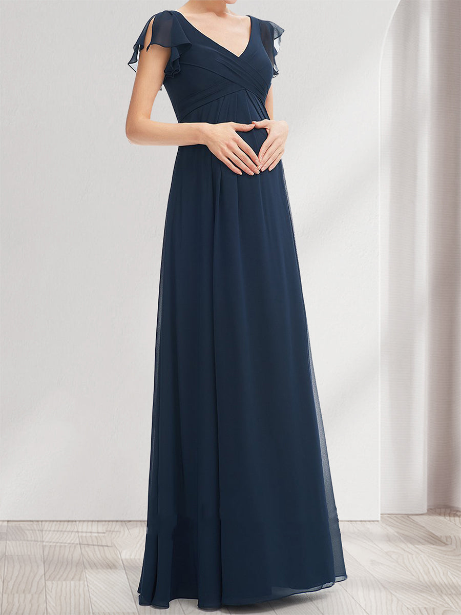 A-Line/Princess V-Neck Flutter Sleeves Ruched Baby Shower Bridesmaid Dresses with Ruffles