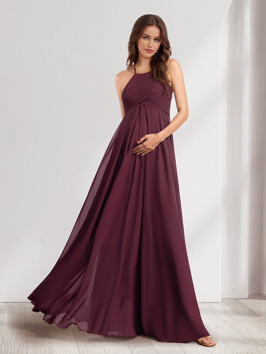 A-Line/Princess Halter Sleeveless Ruched Long Chiffon Baby Shower  Bridesmaid Dresses