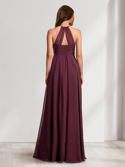 A-Line/Princess Halter Sleeveless Ruched Long Chiffon Baby Shower  Bridesmaid Dresses