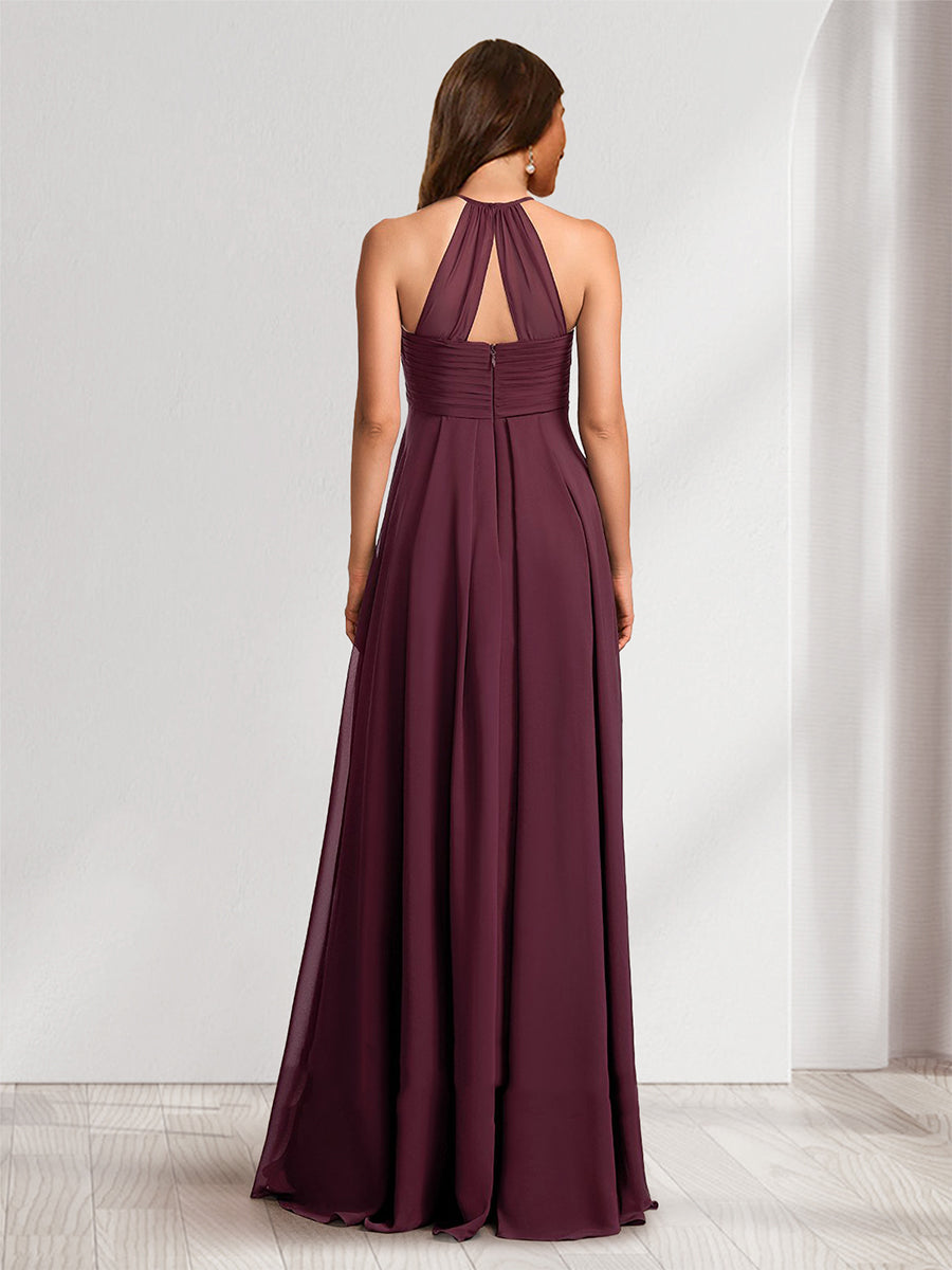 A-Line/Princess Halter Sleeveless Ruched Long Chiffon Baby Shower  Bridesmaid Dresses