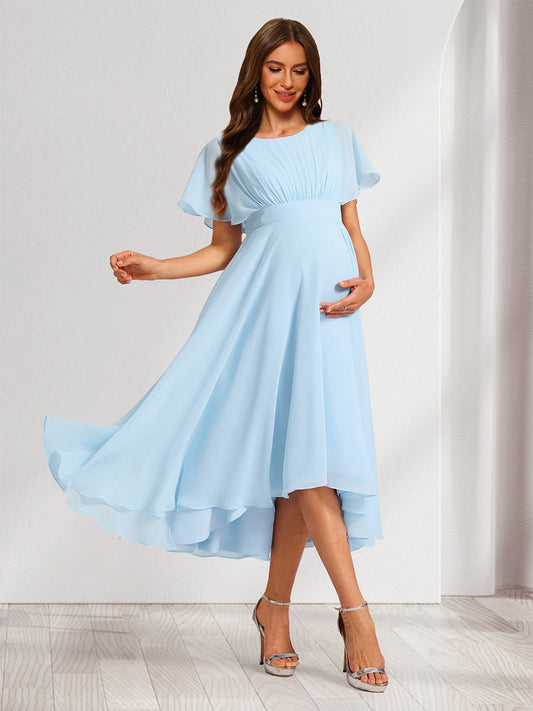 A-Line/Princess Scoop Short Sleeves Ruched Asymmetrical Baby Shower Bridesmaid Dresses with Ruffles