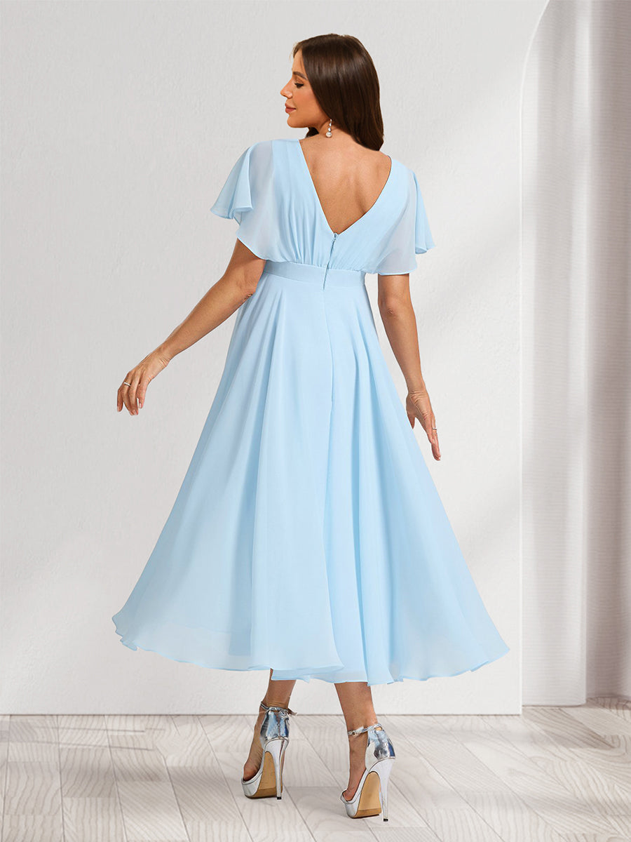 A-Line/Princess Scoop Short Sleeves Ruched Asymmetrical Baby Shower Bridesmaid Dresses with Ruffles