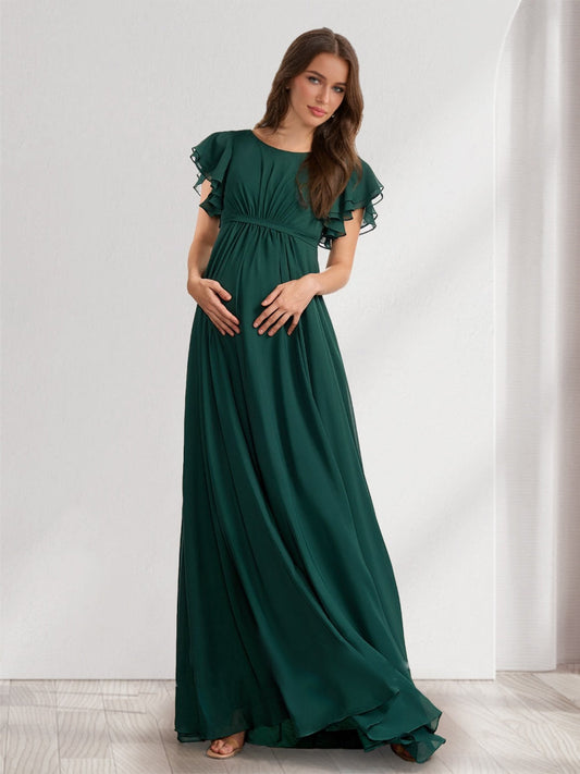 A-Line/Princess Scoop Short Sleeves Ruched Floor-Length Chiffon Baby Shower Bridesmaid Dresses