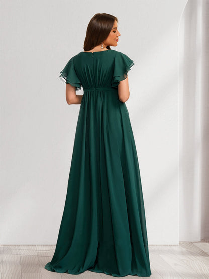 A-Line/Princess Scoop Short Sleeves Ruched Floor-Length Chiffon Baby Shower Bridesmaid Dresses