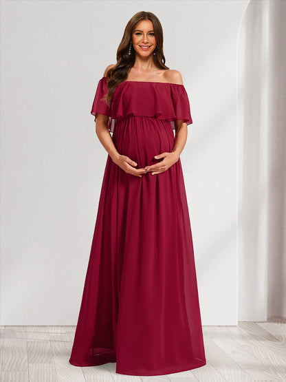 A-Line/Princess Off-the-Shoulder Ruched Long Baby Shower Bridesmaid Dresses with Ruffles