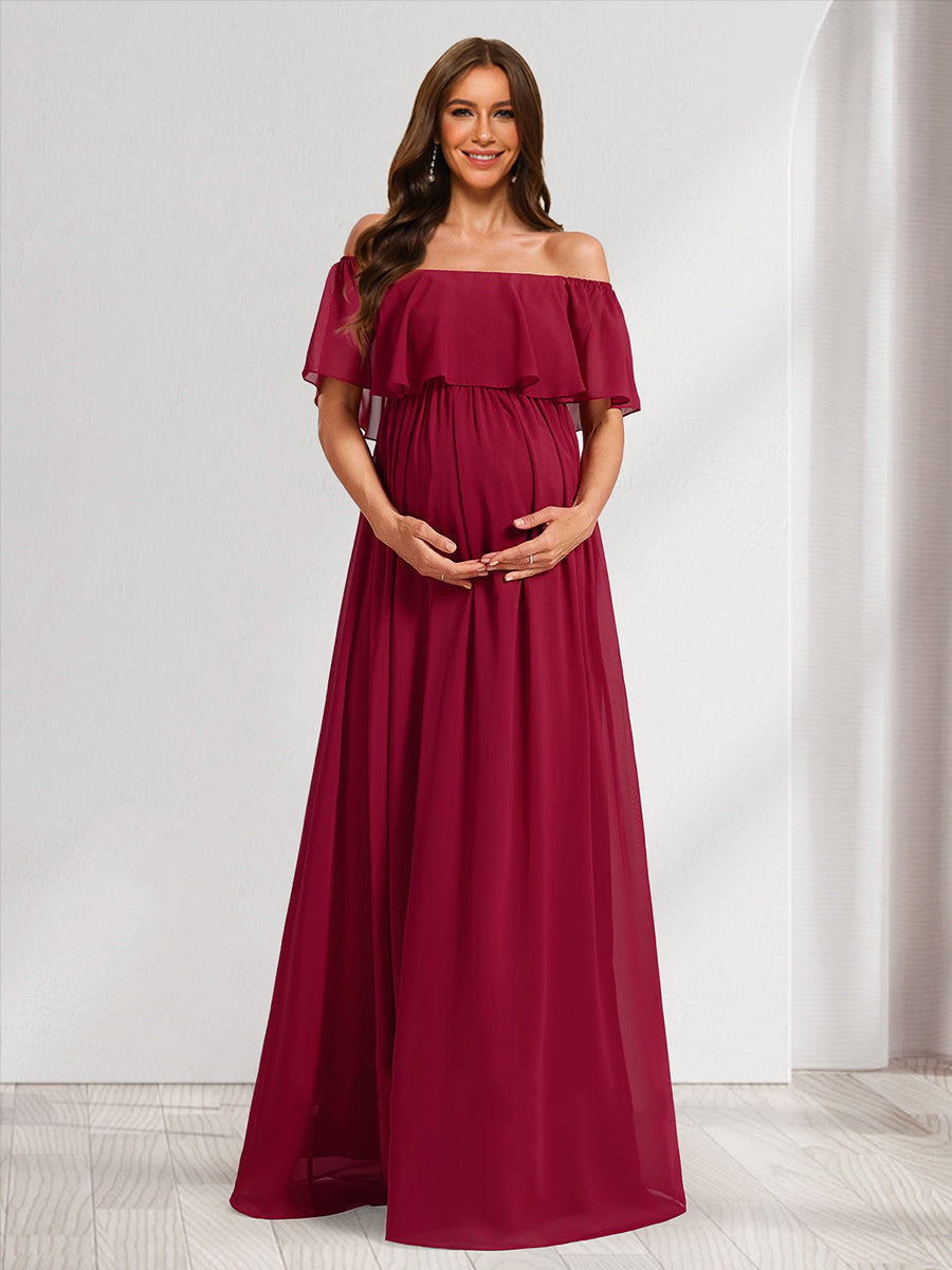 A-Line/Princess Off-the-Shoulder Ruched Long Baby Shower Bridesmaid Dresses with Ruffles