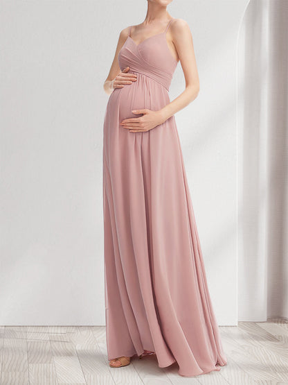 A-Line/Princess Spaghetti Straps Sleeveless Ruched Long Elegant Baby Shower Bridesmaid Dresses