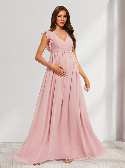 A-Line/Princess V-Neck Flutter Sleeves Ruched Long Baby Shower Bridesmaid Dresses with Pleats