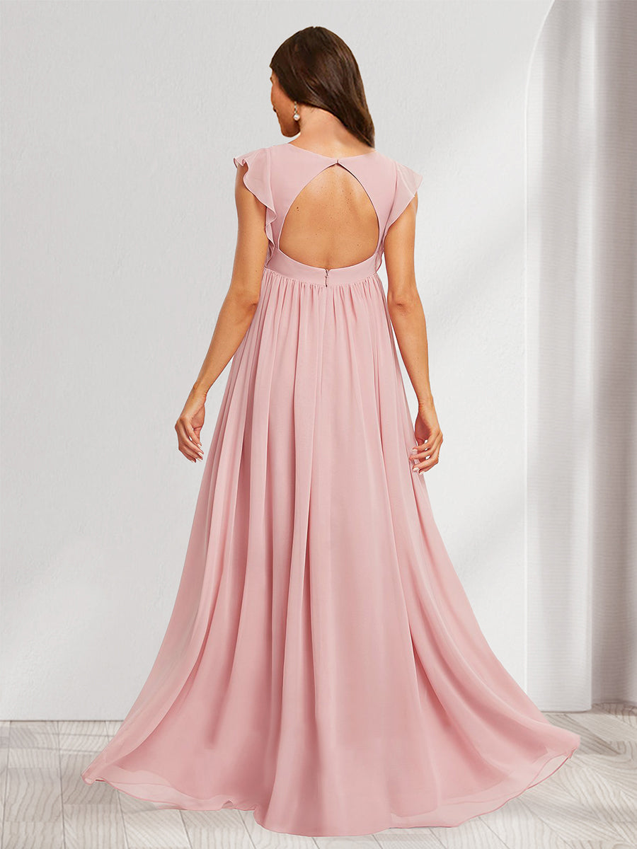 A-Line/Princess V-Neck Flutter Sleeves Ruched Long Baby Shower Bridesmaid Dresses with Pleats