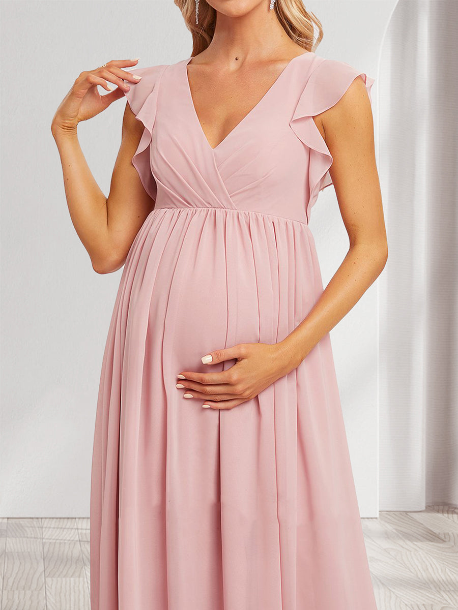 A-Line/Princess V-Neck Flutter Sleeves Ruched Long Baby Shower Bridesmaid Dresses with Pleats