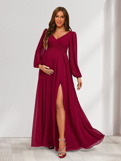 A-Line/Princess V-Neck Long Sleeves Ruched Baby Shower Bridesmaid Dresses with Split Side