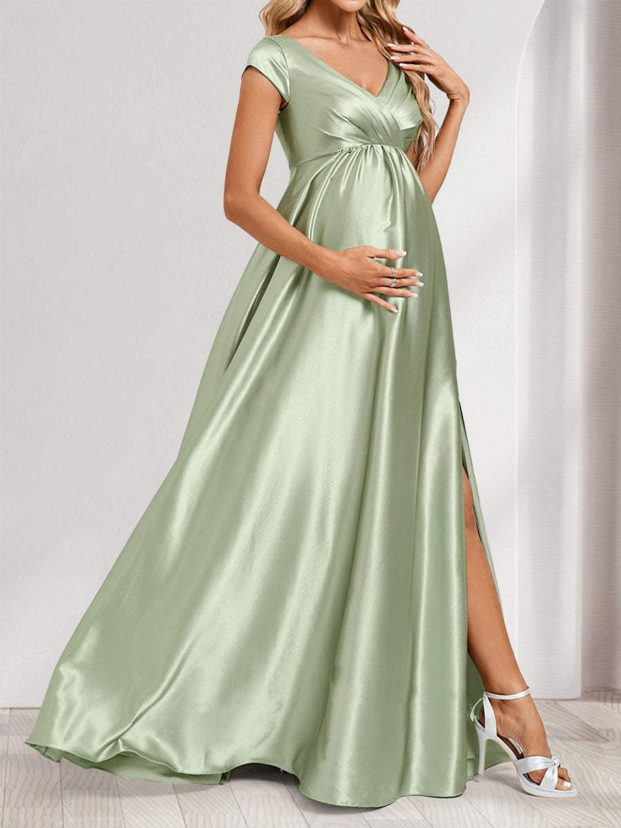 A-Line/Princess V-Neck Cap Sleeves Long Side Slit Baby Shower Bridesmaid Dresses with Pleats & Pockets
