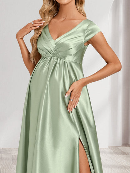 A-Line/Princess V-Neck Cap Sleeves Long Side Slit Baby Shower Bridesmaid Dresses with Pleats & Pockets