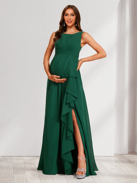 A-Line/Princess Scoop Ruched Floor-Length Baby Shower Bridesmaid Dresses with Ruffles & Side Slit