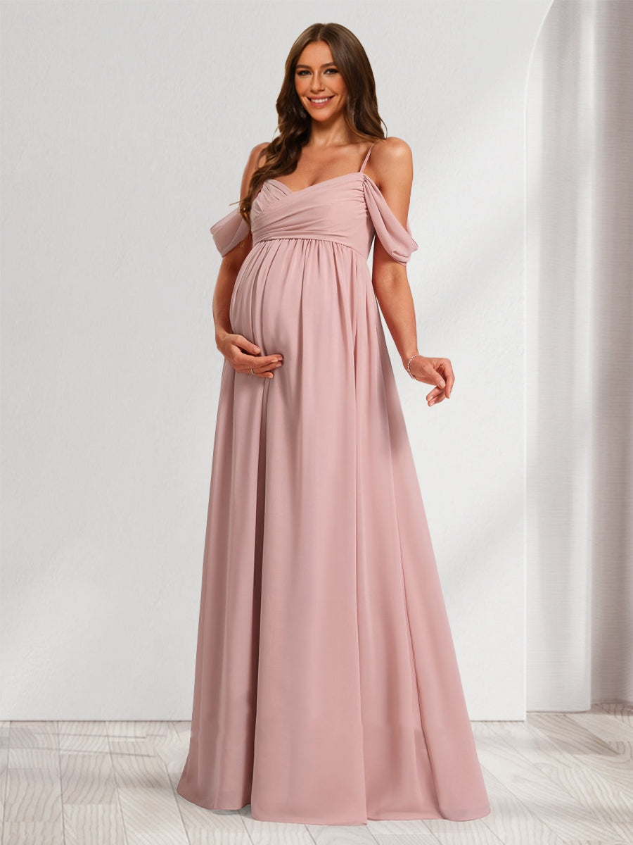A-Line/Princess Cold Shoulder Chiffon Ruched Baby Shower Bridesmaid Dresses with Pleats
