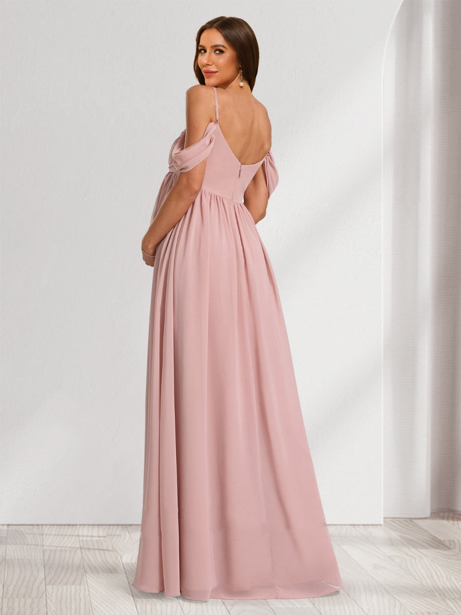 A-Line/Princess Cold Shoulder Chiffon Ruched Baby Shower Bridesmaid Dresses with Pleats