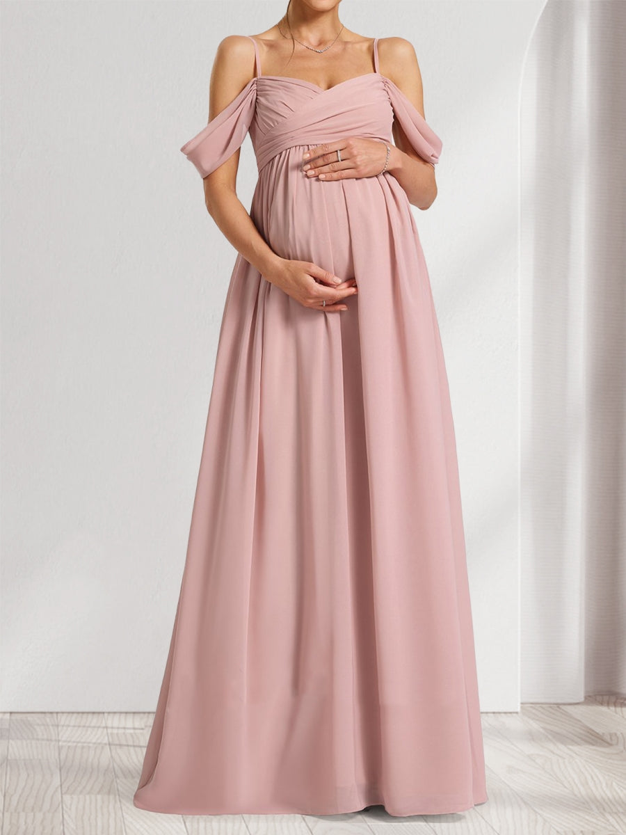 A-Line/Princess Cold Shoulder Chiffon Ruched Baby Shower Bridesmaid Dresses with Pleats