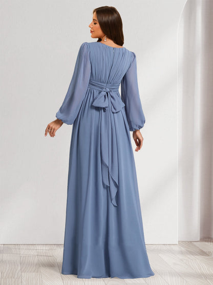 A-Line/Princess Scoop Long Sleeves Ruched Floor-Length Baby Shower Bridesmaid Dresses with Bow