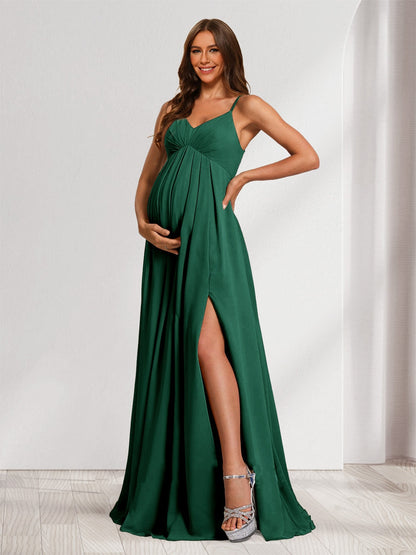 A-Line/Princess Spaghetti Straps Floor-Length Baby Shower Bridesmaid Dresses with Split Side & Pleats