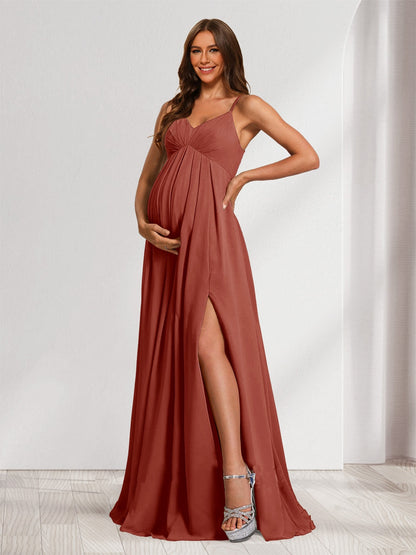 A-Line/Princess Spaghetti Straps Floor-Length Baby Shower Bridesmaid Dresses with Split Side & Pleats