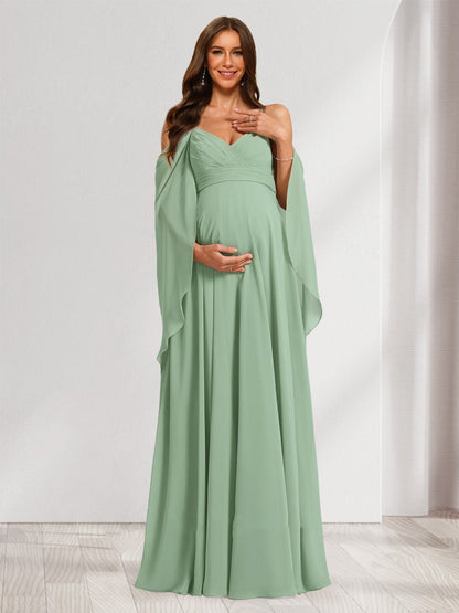 A-Line/Princess Cold Shoulder Ruched Floor-Length Baby Shower Bridesmaid Dresses with Ruffles & Cape