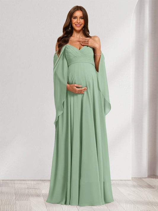 A-Line/Princess Cold Shoulder Ruched Floor-Length Baby Shower Bridesmaid Dresses with Ruffles & Cape