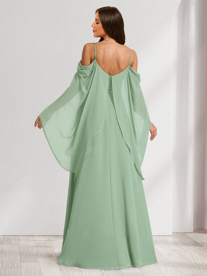 A-Line/Princess Cold Shoulder Ruched Floor-Length Baby Shower Bridesmaid Dresses with Ruffles & Cape