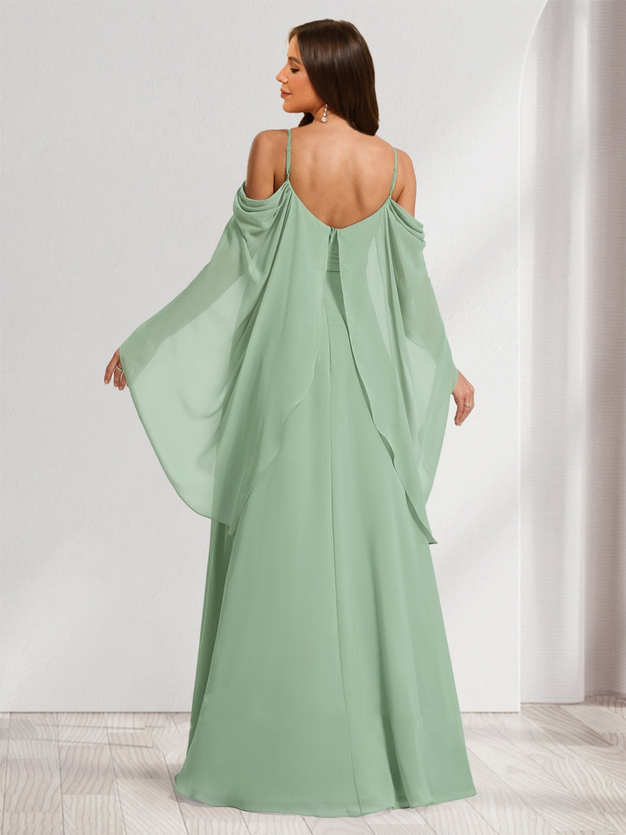 A-Line/Princess Cold Shoulder Ruched Floor-Length Baby Shower Bridesmaid Dresses with Ruffles & Cape