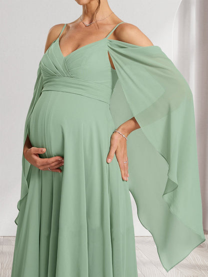 A-Line/Princess Cold Shoulder Ruched Floor-Length Baby Shower Bridesmaid Dresses with Ruffles & Cape