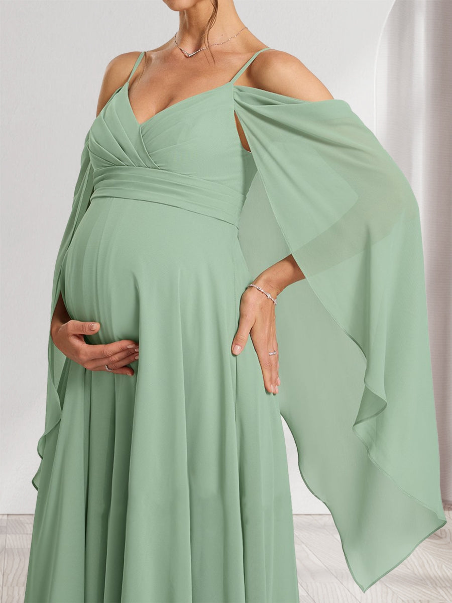 A-Line/Princess Cold Shoulder Ruched Floor-Length Baby Shower Bridesmaid Dresses with Ruffles & Cape