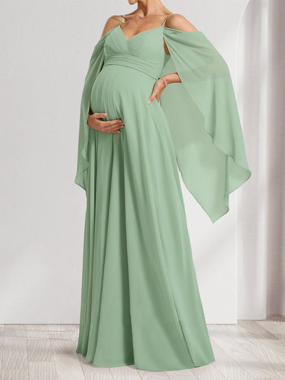 A-Line/Princess Cold Shoulder Ruched Floor-Length Baby Shower Bridesmaid Dresses with Ruffles & Cape