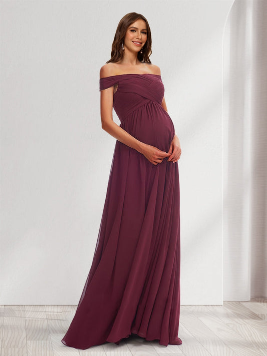 A-Line/Princess Off-the-Shoulder Floor-Length Pleated Baby Shower Bridesmaid Dresses with Split Side