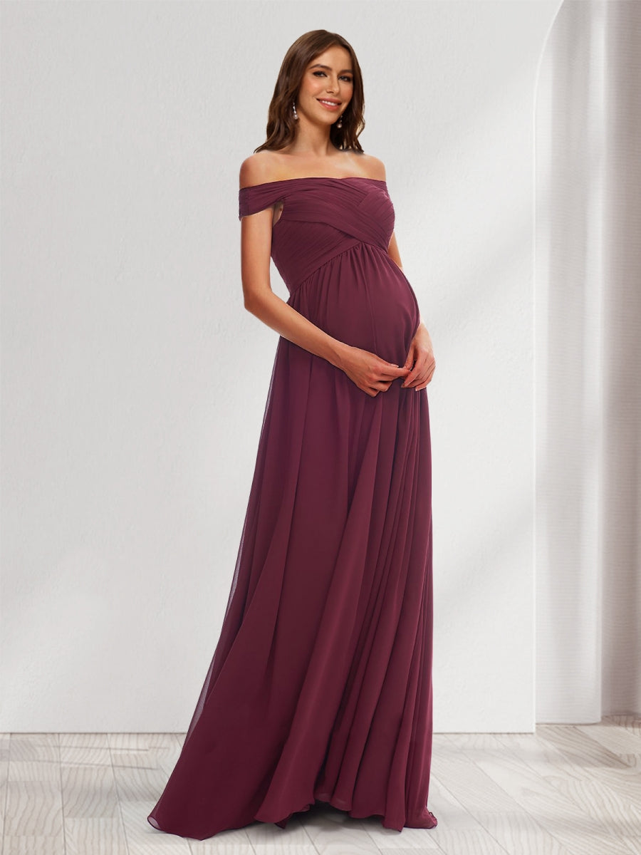 A-Line/Princess Off-the-Shoulder Floor-Length Pleated Baby Shower Bridesmaid Dresses with Split Side