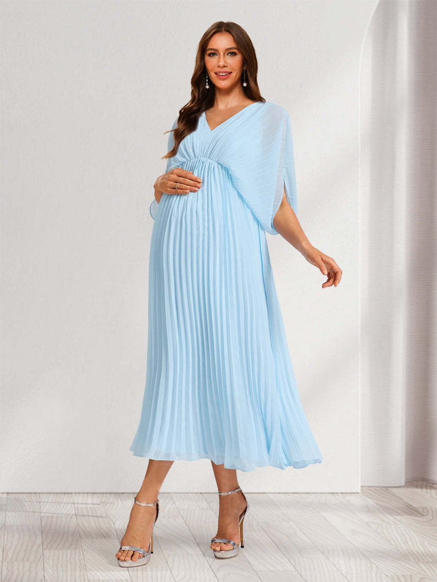 A-Line/Princess V-Neck Half Sleeves Ruched Elegant Baby Shower Bridesmaid Dresses with Pleats