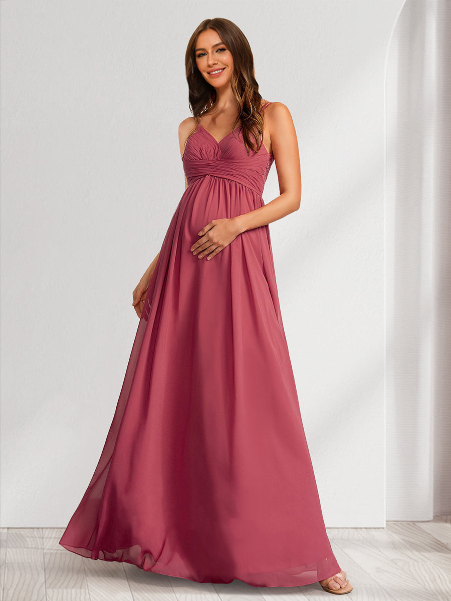 A-Line/Princess V-Neck Ruched Long Baby Shower Bridesmaid Dresses with Pleats & Appliques