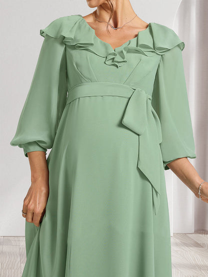 A-Line/Princess V-Neck Long Sleeves Baby Shower Bridesmaid Dresses with Ruffles & Bow