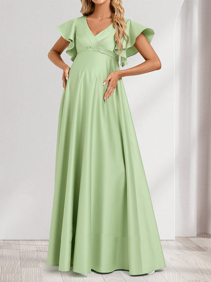 A-Line/Princess V-Neck Flutter Sleeves Modest Baby Shower Bridesmaid Dresses with Ruffles