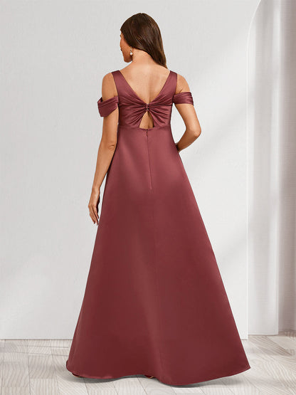 A-Line/Princess Cold Shoulder Floor-Length Ruched Long Satin Baby Shower Bridesmaid Dresses