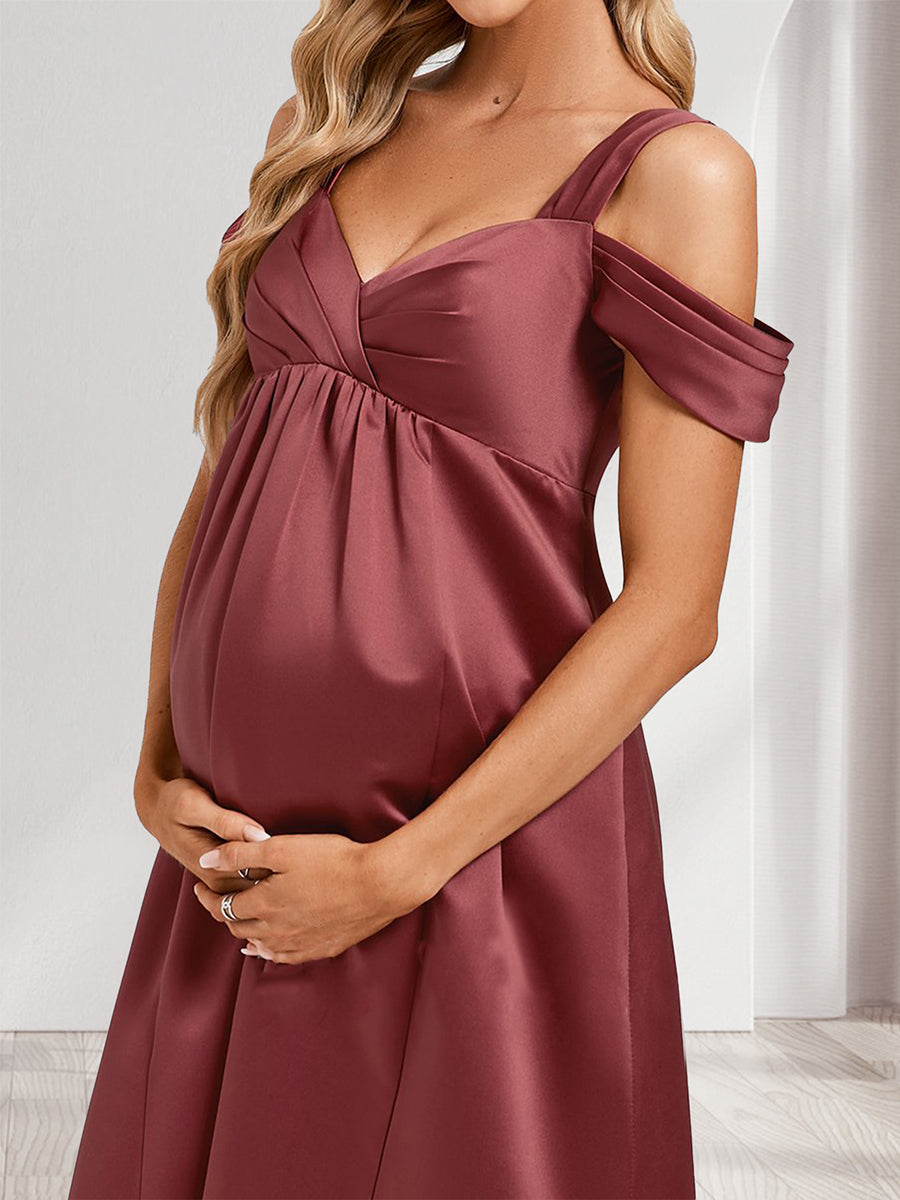 A-Line/Princess Cold Shoulder Floor-Length Ruched Long Satin Baby Shower Bridesmaid Dresses