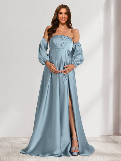 A-Line/Princess Strapless Ruched Long Baby Shower Bridesmaid Dresses with Split Side