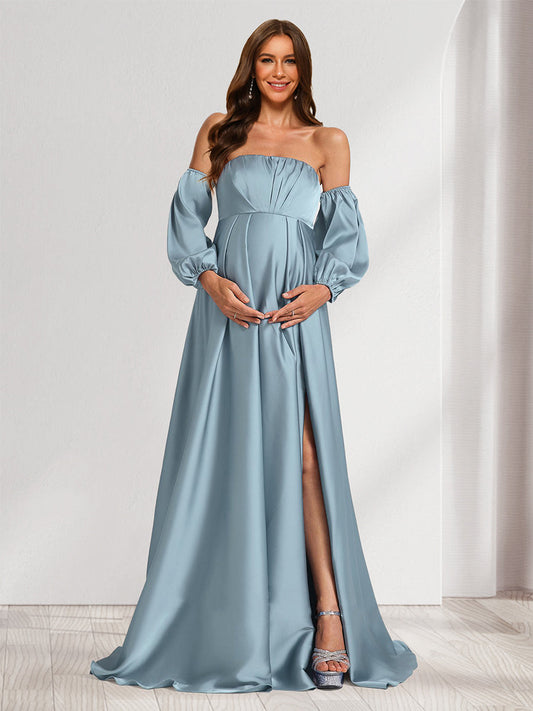 A-Line/Princess Strapless Ruched Long Baby Shower Bridesmaid Dresses with Split Side
