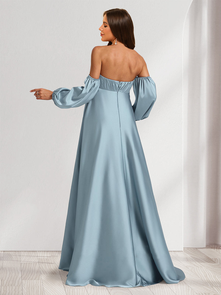 A-Line/Princess Strapless Ruched Long Baby Shower Bridesmaid Dresses with Split Side